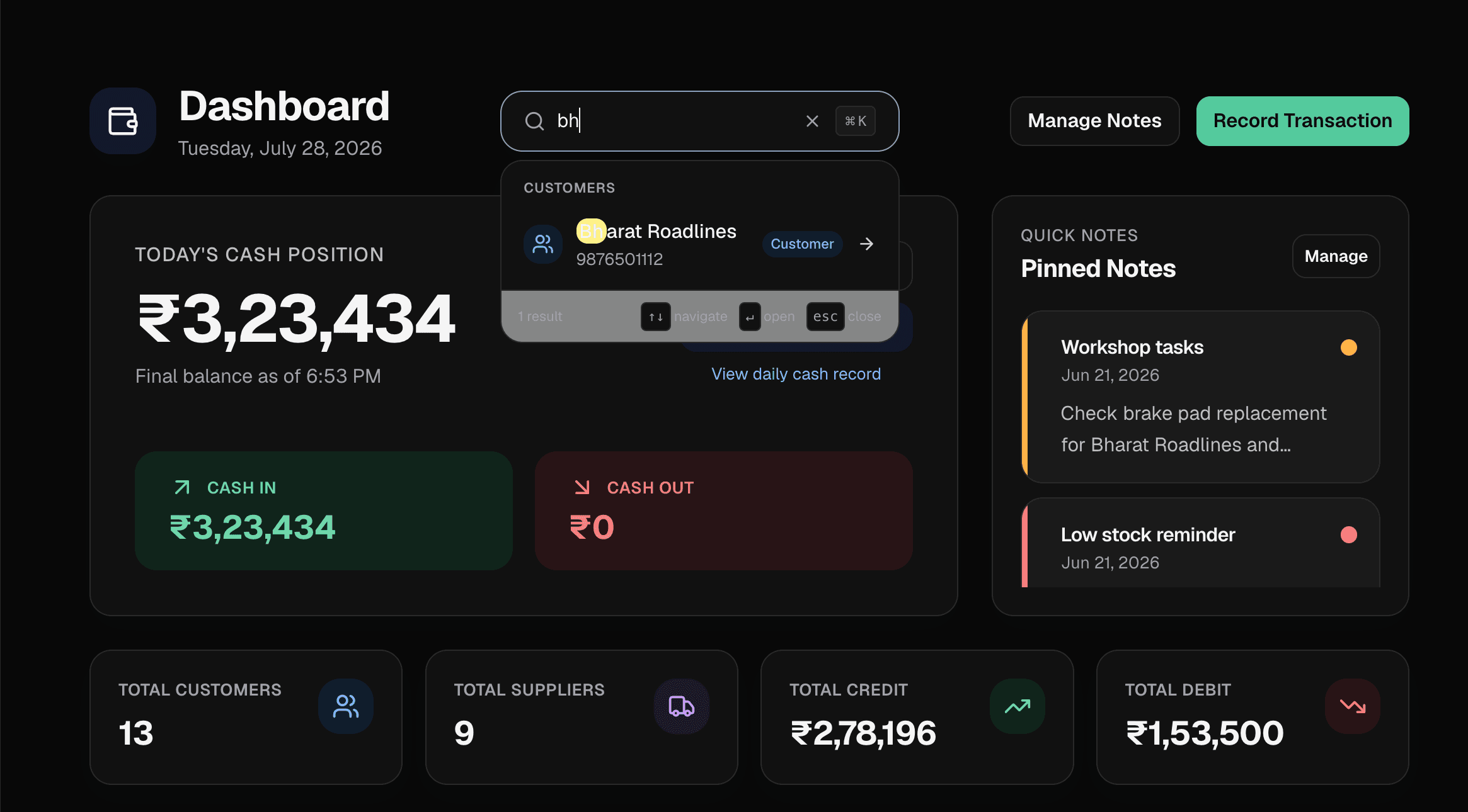 EasyRakh dashboard with fast search and business totals