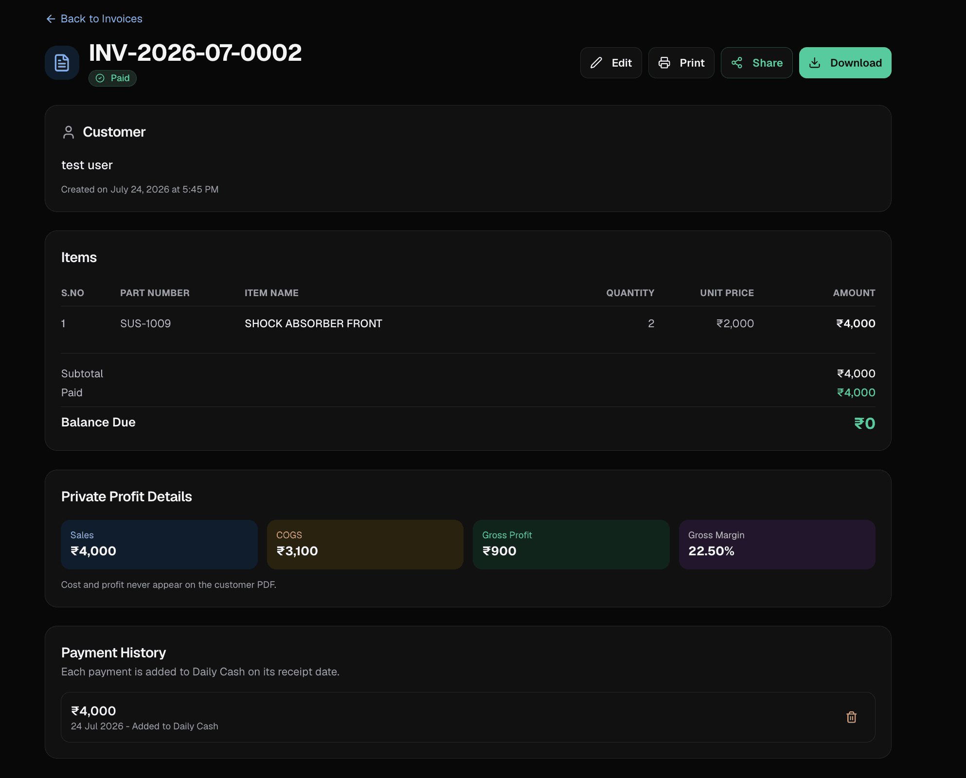 EasyRakh paid invoice with items, payment history, and private profit details